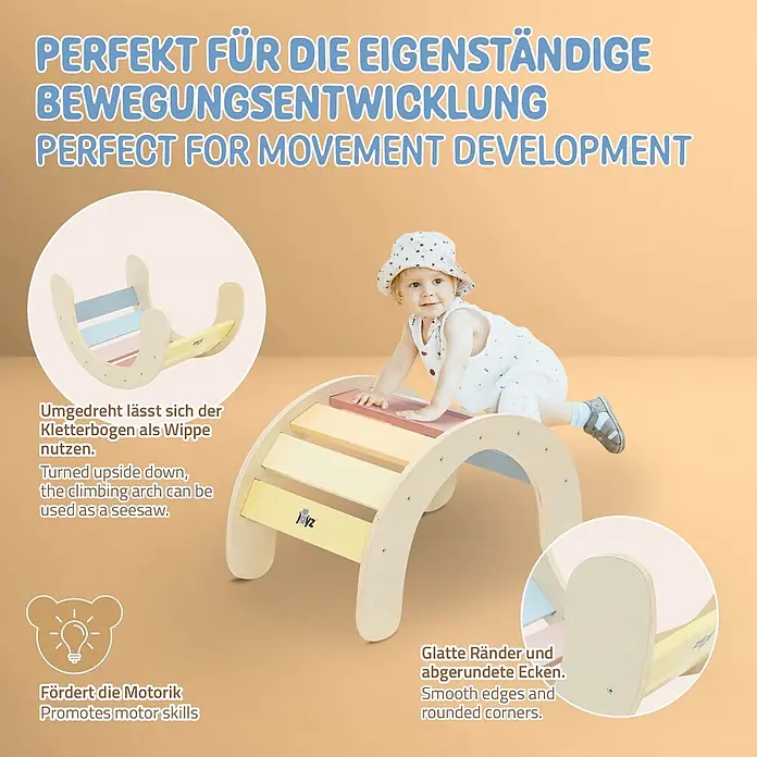 ECD Germany Klettergerüst Kletterbogen trainiert Gleichgewicht & Balance ab 2 Jahren - Holz, Mehrfarbig - Hölzerner Kletterbogen in Pastellfarben mit Baby. Auch als Wippe nutzbar, fördert Bewegung und Motorik.
