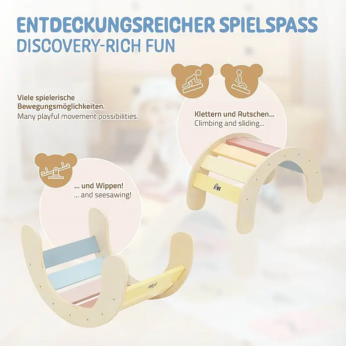 ECD Germany Klettergerüst Kletterbogen trainiert Gleichgewicht & Balance ab 2 Jahren - Holz, Mehrfarbig - Hölzerner Montessori Spielbogen/Wippe mit Pastell-Latten, als Kletterbogen/Rutsche und Wippe dargestellt.