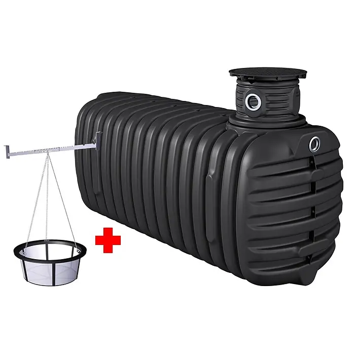 Zisterne Komplettpaket Primus inkl. gratis Traversenfilter - Gesamt Fassungsvermögen: 4.200 l, Schwarz - Schwarzer gerippter Kunststoff-Regenwassertank mit separatem Filterkorb und Metallaufhängung.