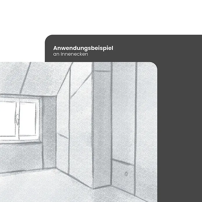 Strait-Flex Kantenschutz für Trockenbau 12x Kantenprofil 30,5m Rolle Arch-Flex 100 flex. Winkel Weiß - Weiß - Zeichnung einer Raumecke mit an Innenecken montierten Wandpaneelen, inklusive Fenster und Steckdose.