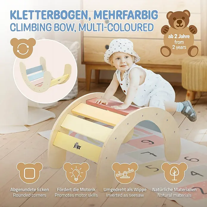 ECD Germany Klettergerüst Kletterbogen trainiert Gleichgewicht & Balance ab 2 Jahren - Holz, Mehrfarbig - Mehrfarbiger Kletterbogen aus Holz für Kinder, als Schaukel verwendbar, Baby krabbelt darauf.