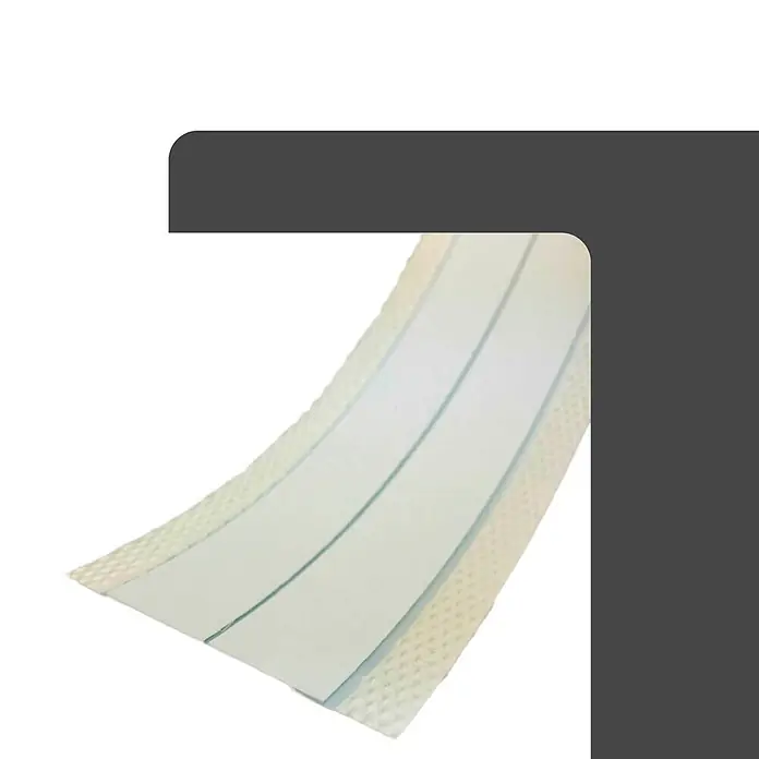 Strait-Flex Kantenschutz für Trockenbau 30,5m Kantenprofil Rolle PERFECT 90 Grad Weiß - Weiß - Flexibler Streifen mit hellblau-grüner Oberfläche und zwei parallelen Linien, texturierte beigefarbene Unterseite.