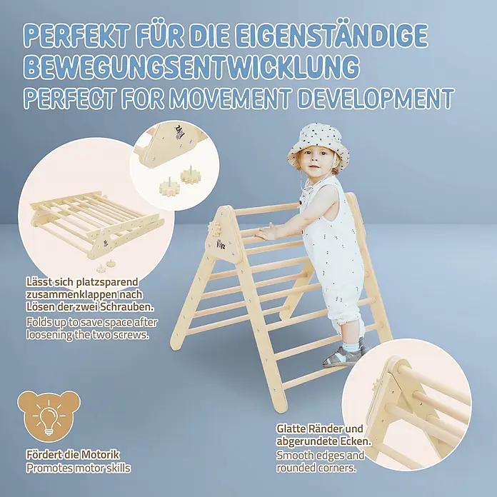 ECD Germany Klettergerüst Kletterdreieck trainiert Gleichgewicht & Balance ab 2 Jahren - Holz, Braun - Naturholz Pikler-Kletterdreieck, faltbar, mit glatten Kanten, von Kind zur Bewegungsentwicklung genutzt.