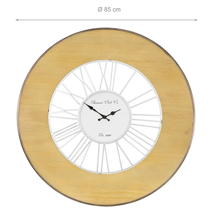 Womo_Design Wanduhr Natur mit römische Ziffern ohne Tickgeräusche handgefertigt Hängeuhr - Durchmesser: 85 cm, Braun, Weiß, Bronze, Antik/Vintage/Retro - Große runde Wanduhr mit hellem Holzrahmen, weißem Zifferblatt, römischen Ziffern und schwarzen Zeigern, Ø 85 cm.