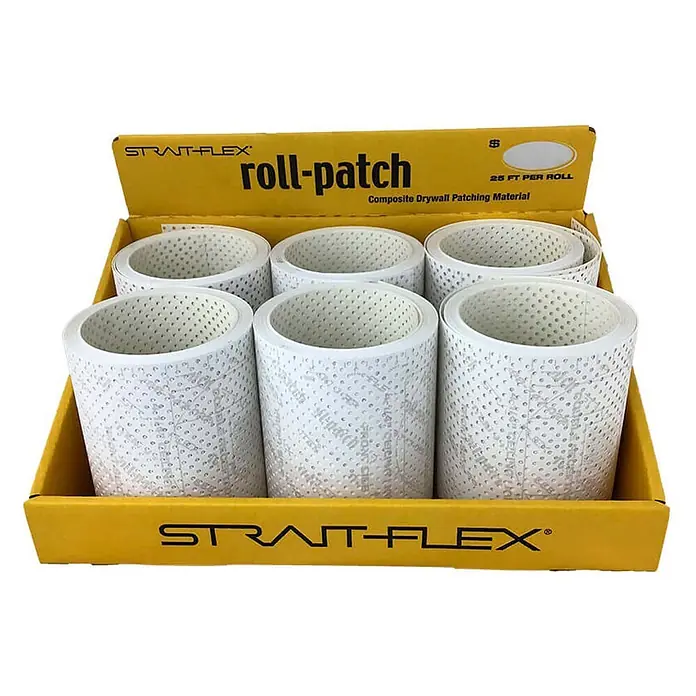 Strait-Flex Kantenschutz für Trockenbau 6x Kantenprofil 6,10m Rolle Roll-Patch 5.5 Weiß - Weiß - Sechs weiße, perforierte Rollen Strait-Flex Roll-Patch Trockenbau-Reparaturmaterial in einem gelben Displaykarton.