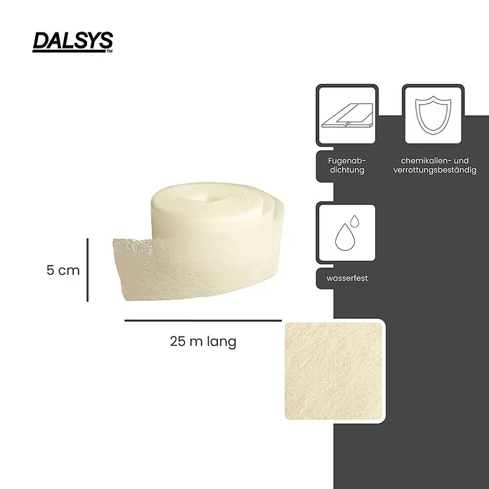 Dalsys Fugenband 25m Glasfaser 5cm Weiß - 25.000 x 50 mm - Ein aufgerolltes, hellbeiges Fugendichtband, 5 cm breit und 25 m lang, wasserfest, chemikalien- und verrottungsbeständig.