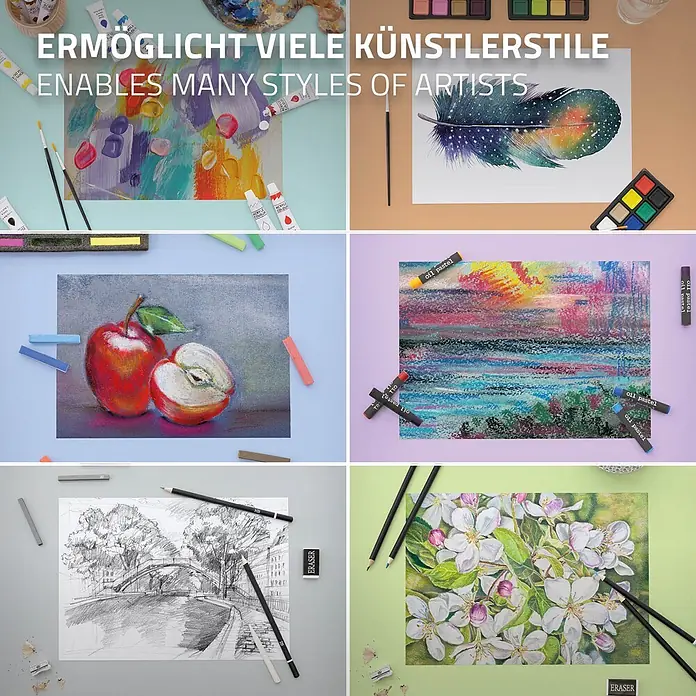 Zeichenset 112 teilig aus Holz -  - Eine Sammlung von Kunstmaterialien wie Farben, Pastellen und Stiften, zusammen mit Kunstwerken, die viele künstlerische Stile ermöglichen.