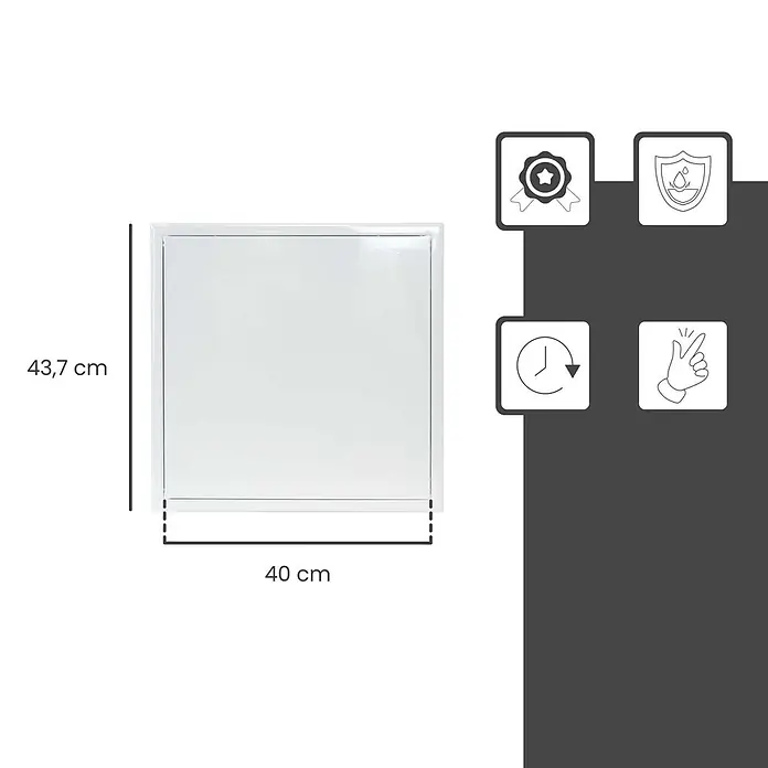 Protektor Montagezubehör für Trockenbau 40cm x 40cm Revisionsklappe Stahl Schnappverschluss Weiß -  - Weißes rechteckiges Panel, 43,7 cm hoch und 40 cm breit, mit Piktogrammen für Qualität, Wasserbeständigkeit und einfache Handhabung.