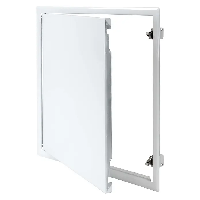 Protektor Montagezubehör für Trockenbau 40cm x 40cm Revisionsklappe Stahl Schnappverschluss Weiß -  - Weißes Metall-Revisionsklappe, teilweise geöffnet, zeigt Rahmen und Scharniere.
