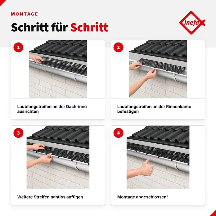 Inefa Dachrinne 30x Laubfangstreifen 100cm NW100-150 (Ø100-160mm) Laubschutz Braun - Nennweite: 100 mm, Länge: 100 cm, Kunststoff, Braun - Schritt-für-Schritt-Montage eines schwarzen Laubfangstreifens an einer Dachrinne, zeigt Ausrichtung, Befestigung und Hinzufügen weiterer Streifen.