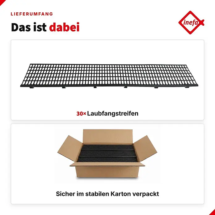 Inefa Dachrinne 30x Laubfangstreifen 100cm NW100-150 (Ø100-160mm) Laubschutz Schwarz - Nennweite: 100 mm, Länge: 100 cm, Kunststoff, Schwarz - 30 schwarze Laubfangstreifen, einzeln gezeigt und im Karton verpackt.