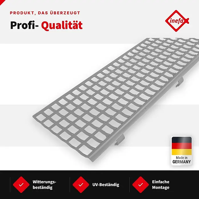 Inefa Dachrinne 100cm Laubfangstreifen NW100 - 150 Laubschutz Grau - Nennweite: 100 mm, Länge: 100 cm, Kunststoff, Silber - Graues Kunststoff-Entwässerungsgitter mit Rautenmuster, wetter- und UV-beständig, einfache Montage.
