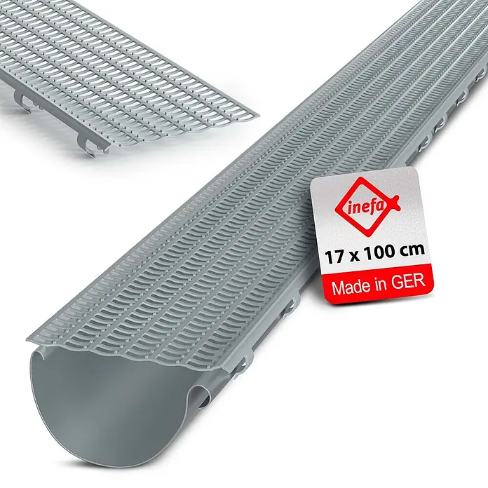 Inefa Dachrinne 100cm Laubfangstreifen NW100 - 150 Laubschutz Grau - Nennweite: 100 mm, Länge: 100 cm, Kunststoff, Silber - Grauer Kunststoff-Rinnenschutz mit perforierter Abdeckung und halbrunder Rinne.