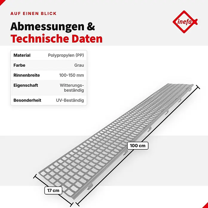 Inefa Dachrinne 100cm Laubfangstreifen NW100 - 150 Laubschutz Grau - Nennweite: 100 mm, Länge: 100 cm, Kunststoff, Silber - Graues Polypropylen-Rost für Entwässerungsrinnen, 100 cm lang und 17 cm breit.