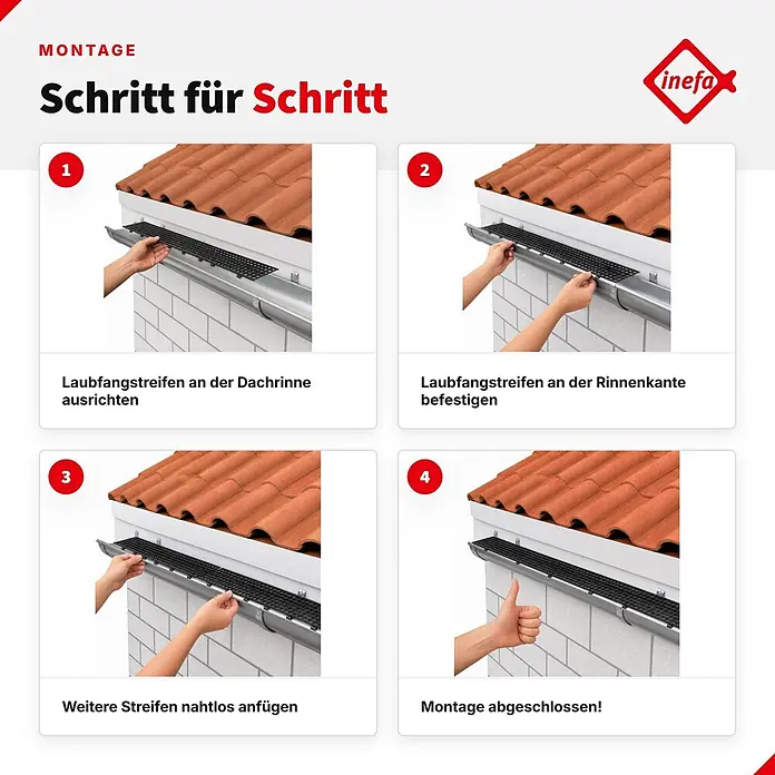 Inefa Dachrinne 100cm Laubfangstreifen NW100 - 150 Laubschutz Grau - Nennweite: 100 mm, Länge: 100 cm, Kunststoff, Silber - Montageanleitung für ein schwarzes Laubfangstreifen aus Kunststoff in einer grauen Dachrinne.