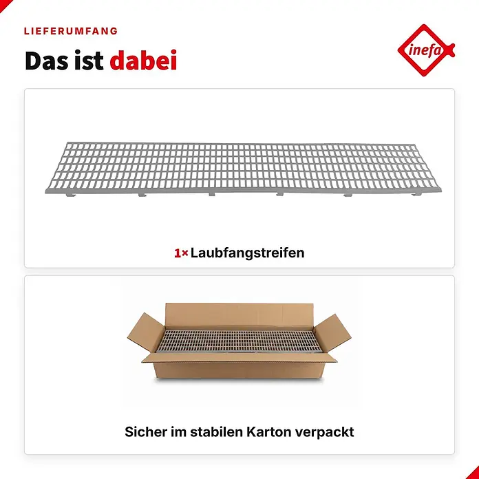 Inefa Dachrinne 100cm Laubfangstreifen NW100 - 150 Laubschutz Grau - Nennweite: 100 mm, Länge: 100 cm, Kunststoff, Silber - Ein graues, gitterartiges Laubfangstreifen, einzeln und sicher verpackt in einem stabilen Karton.