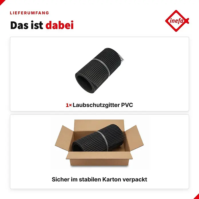 Inefa Dachrinne 3m Laubschutzgitter 100-125mm PVC Laubschutz Schwarz - Nennweite: 100 mm, Länge: 300 cm, Kunststoff, Schwarz - Gerolltes schwarzes PVC-Laubschutzgitter, auch verpackt in einem Karton dargestellt.