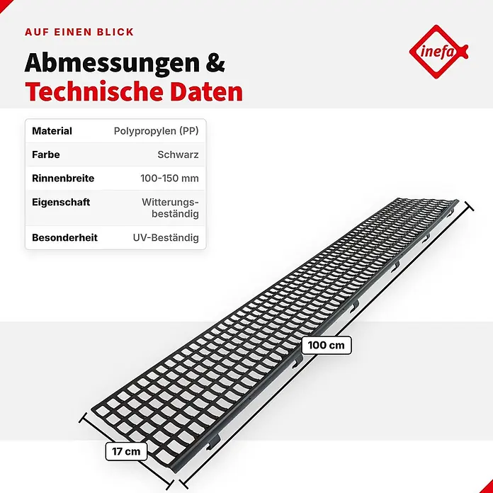 Inefa Dachrinne 100cm Laubfangstreifen NW100 - 150 Laubschutz Schwarz - Nennweite: 100 mm, Länge: 100 cm, Kunststoff, Schwarz - Schwarzer Polypropylen Entwässerungsrost, 100 cm lang und 17 cm breit, wetter- und UV-beständig.