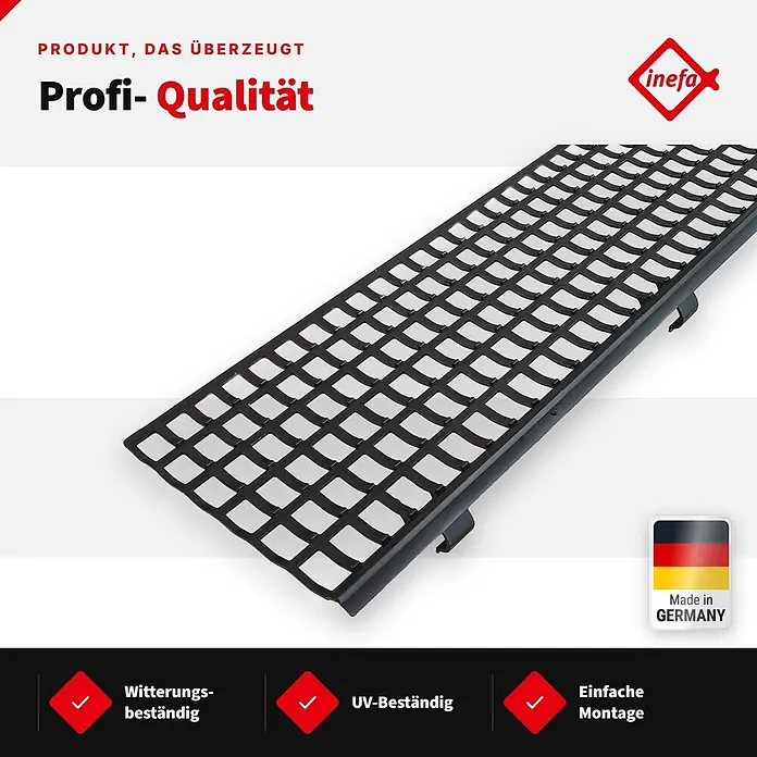 Inefa Dachrinne 100cm Laubfangstreifen NW100 - 150 Laubschutz Schwarz - Nennweite: 100 mm, Länge: 100 cm, Kunststoff, Schwarz - Schwarze, professionelle Gittermatte mit quadratischen Öffnungen, wetter- und UV-beständig, Made in Germany.