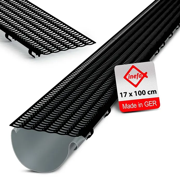 Inefa Dachrinne 100cm Laubfangstreifen NW100 - 150 Laubschutz Schwarz - Nennweite: 100 mm, Länge: 100 cm, Kunststoff, Schwarz - Schwarzes Kunststoff-Laubschutzgitter für Dachrinnen, 17x100 cm.