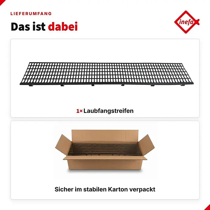 Inefa Dachrinne 100cm Laubfangstreifen NW100 - 150 Laubschutz Schwarz - Nennweite: 100 mm, Länge: 100 cm, Kunststoff, Schwarz - Ein schwarzer Laubfangstreifen und derselbe sicher in einem braunen Karton verpackt.