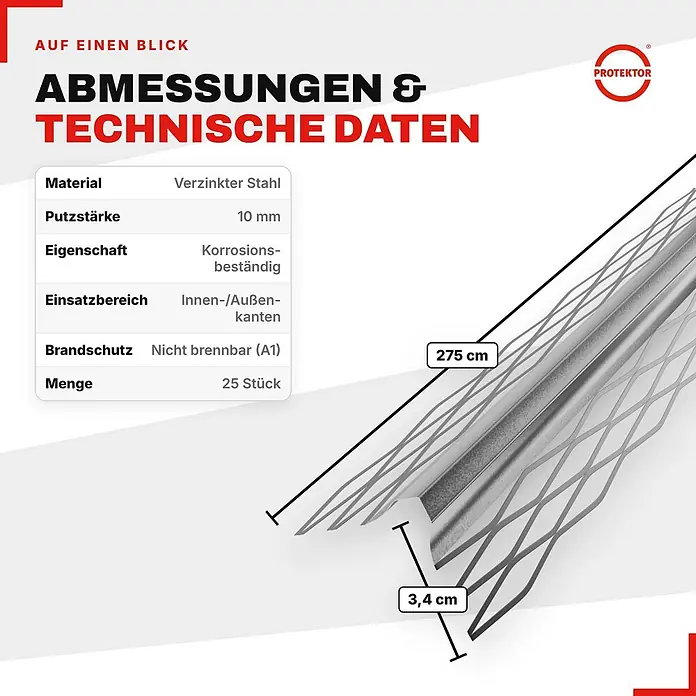 Protektor Kantenschutz für Trockenbau 25x Kantenprofil 275cm x 10mm Innenputz Silber 1007 - Silber - Verzinktes Stahl-Putzprofil, 275 cm lang, 3,4 cm breit, mit technischen Daten.