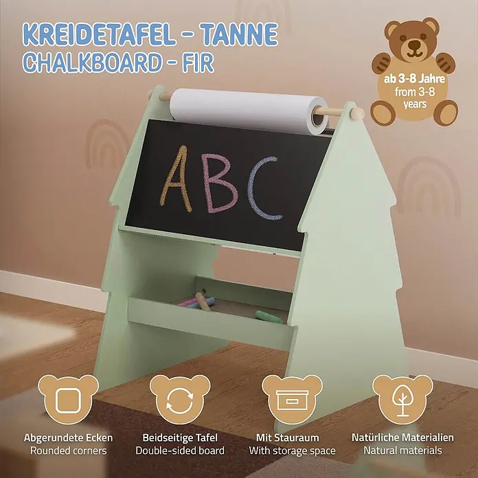ECD Germany Kreidetafel Tanne Kindertafel mit Ablage & Papierrolle MDF / Kiefer - Beige, Grün, Schwarz - Hellgrüne Kreidetafel in Tannenform mit Papierrolle, Tafel und Ablagefach für Kreide. Für Kinder, aus Naturmaterialien.