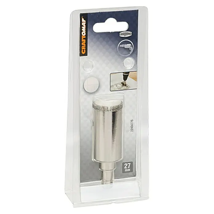 Craftomat Sierra de corona diamantada Cerámica - 27 mm, Profundidad de corte: Máx. 35 mm - Un primer plano de una broca CRAFTOMAT, de 27 mm, en un envase de plástico transparente.