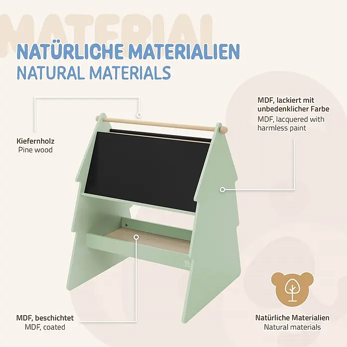 ECD Germany Kreidetafel Tanne Kindertafel mit Ablage & Papierrolle MDF / Kiefer - Beige, Grün, Schwarz - Hellgrüne Kindertafel mit Kreidetafel, aus Kiefernholz und lackiertem MDF.