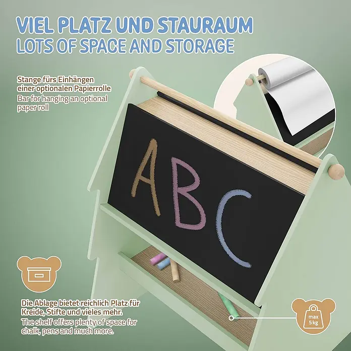 ECD Germany Kreidetafel Tanne Kindertafel mit Ablage & Papierrolle MDF / Kiefer - Beige, Grün, Schwarz - Hellgrünes hölzernes Kinder-Staffelei mit Kreidetafel, Papierrollenhalter und Ablage.