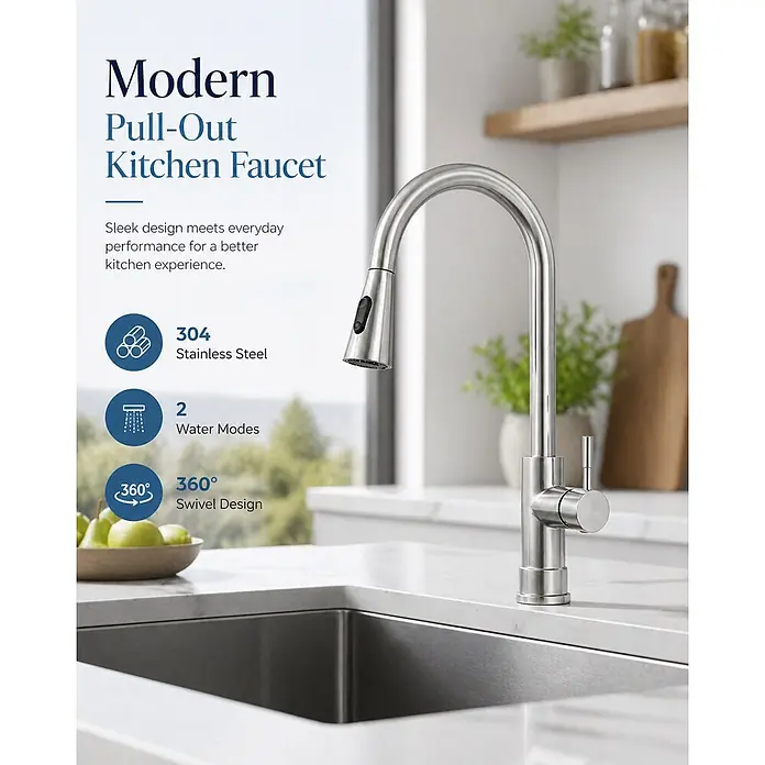 SONNENH Spültischarmatur - Silber - Moderner Küchenarmatur aus gebürstetem Edelstahl mit Auszugfunktion in einer modernen Küche, Eigenschaften hervorhebend.