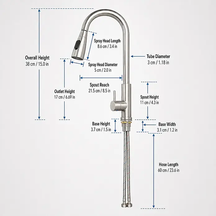 SONNENH Spültischarmatur - Silber - Gebürstete Edelstahl-Küchenarmatur mit ausziehbarer Brause und detaillierten Maßen.