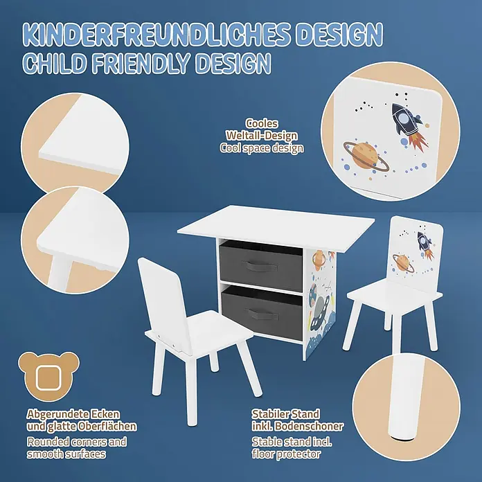 Kindersitzgruppe mit 1 Tisch und 2 Stühlen, Weltraum, Weiß, aus Holz -  - Weißes Kindertisch-Set mit zwei Stühlen im Weltall-Design. Mit abgerundeten Ecken und Stauraumschubladen.