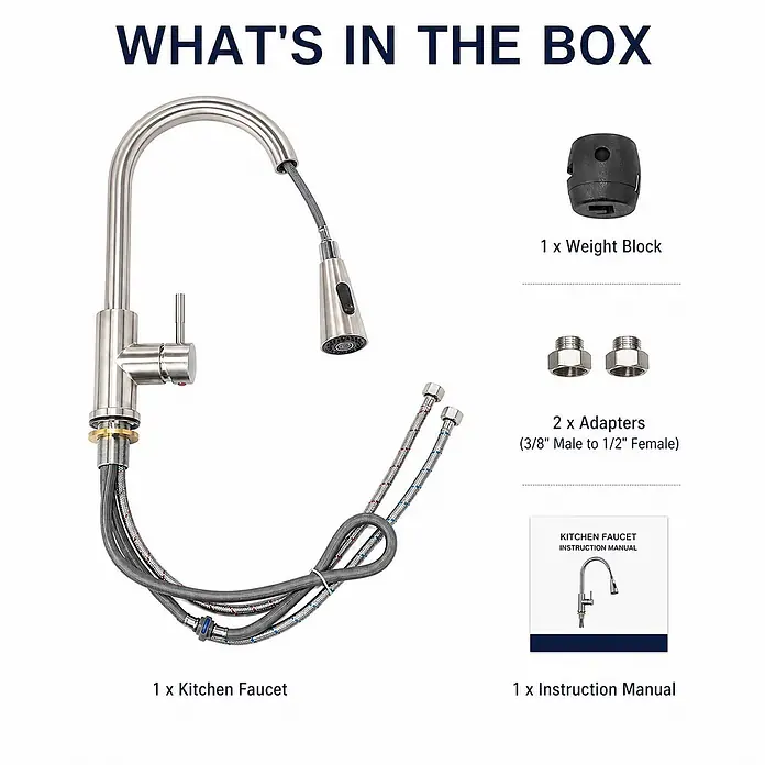 SONNENH Spültischarmatur - Silber - Inhalt der Küchenarmatur-Box: Eine gebürstete Edelstahlarmatur mit Ausziehbrause, ein Gewicht, zwei Adapter und eine Anleitung.
