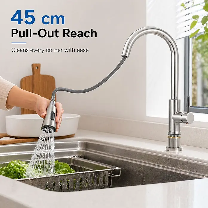 SONNENH Spültischarmatur - Silber - Küchenarmatur aus gebürstetem Edelstahl mit 45 cm Ausziehbrause, Salat im Spülbecken wäschend.