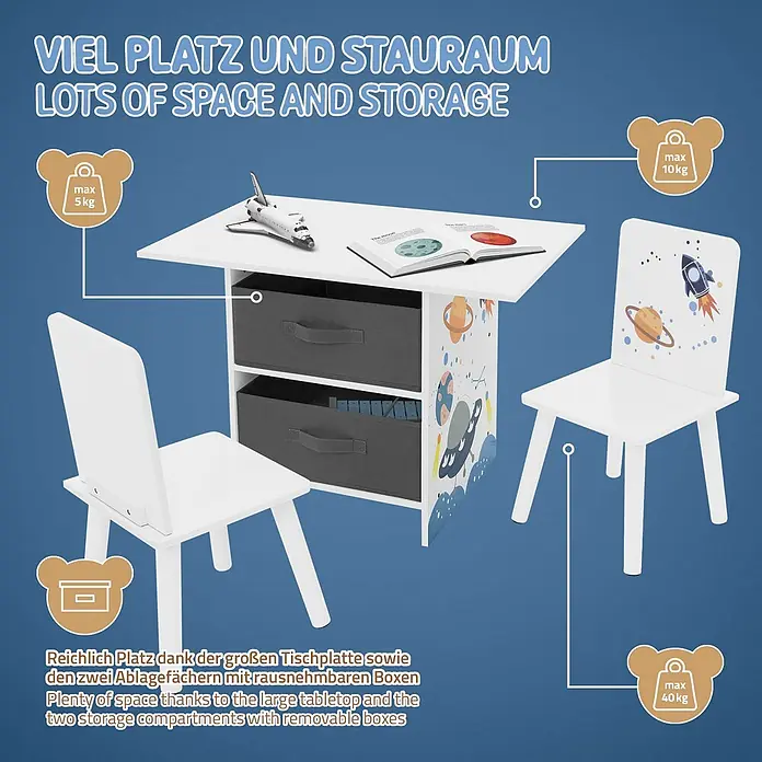 Kindersitzgruppe mit 1 Tisch und 2 Stühlen, Weltraum, Weiß, aus Holz -  - Weißer Kindertisch mit zwei Stühlen und Weltraum-Motiv. Der Tisch hat zwei Fächer mit dunkelgrauen, herausnehmbaren Boxen. Max. 10kg Tisch, 40kg Stuhl, 5kg Box.
