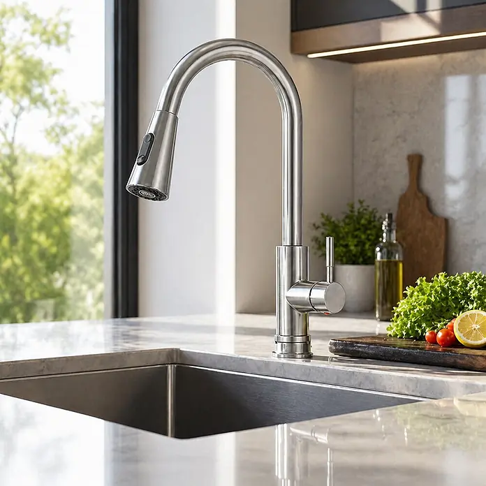 SONNENH Spültischarmatur - Silber - Gebürstete Edelstahl-Küchenarmatur mit ausziehbarer Brause über einem Spülbecken in einer modernen Küche.