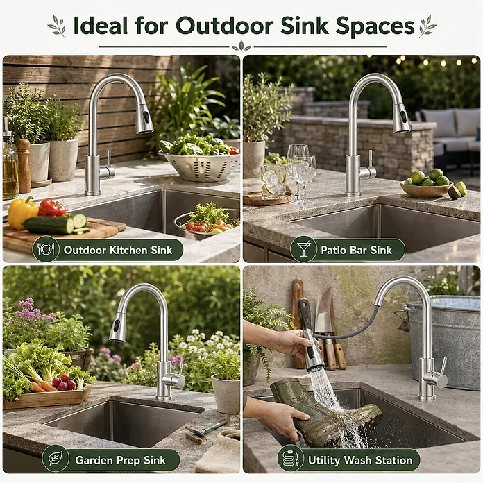 SONNENH Spültischarmatur - Silber - Vielseitiger ausziehbarer Wasserhahn aus Edelstahl, gezeigt in vier verschiedenen Spülbereichen im Freien: Küche, Bar, Garten und Waschstation.