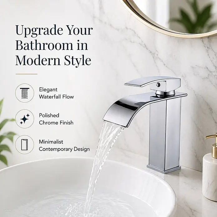 SONNENH Waschtischarmatur - Silber - Verchromter Wasserfallhahn im minimalistischen Design, Wasser fließt aktiv in ein weißes Waschbecken in einem modernen Bad.