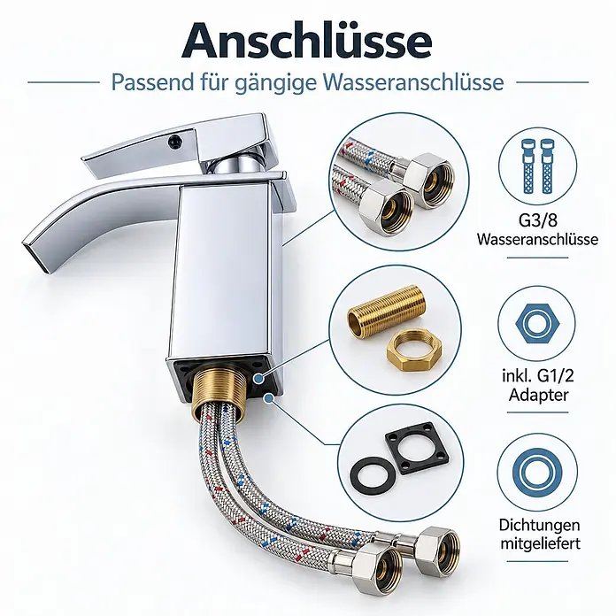 SONNENH Waschtischarmatur - Silber - Verchromte Armatur mit G3/8 Wasserschläuchen, G1/2 Adapter und Dichtungen.