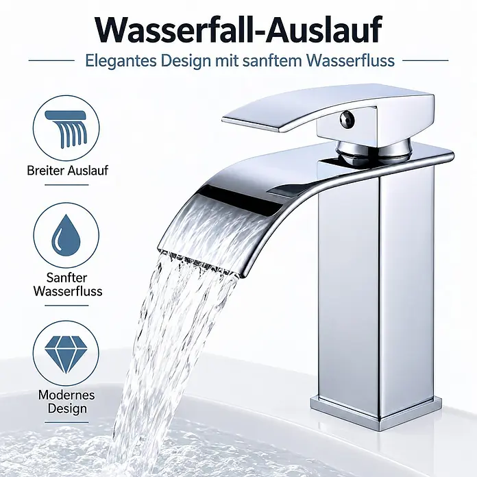 SONNENH Waschtischarmatur - Silber - Verchromter Wasserfall-Wasserhahn mit breitem Auslauf und sanftem Wasserfluss in ein Waschbecken.