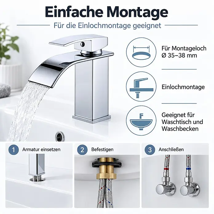 SONNENH Waschtischarmatur - Silber - Verchromte Einhebel-Waschtischarmatur mit Wasserfallauslauf, zeigt Installationsschritte für Einlochmontage am Waschbecken.