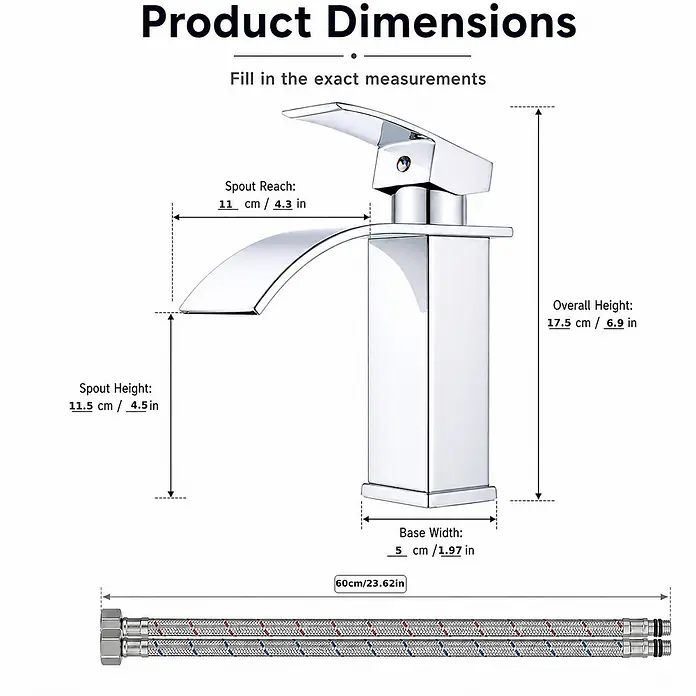 SONNENH Waschtischarmatur - Silber - Verchromter moderner Wasserhahn mit elegantem Design und zwei geflochtenen Schläuchen, mit Maßen wie Gesamthöhe und Ausladung.