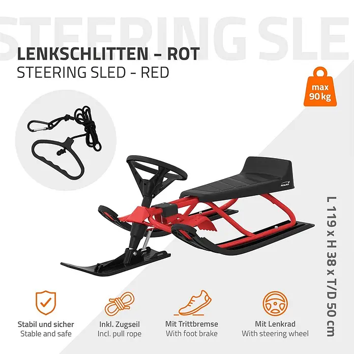 Lenkschlitten für Kinder Rot 119 x 38 x 50 cm Stahlrahmen bis 90 kg -  - Roter und schwarzer Lenkschlitten mit Lenkrad, Fußbremse und Zugseil.