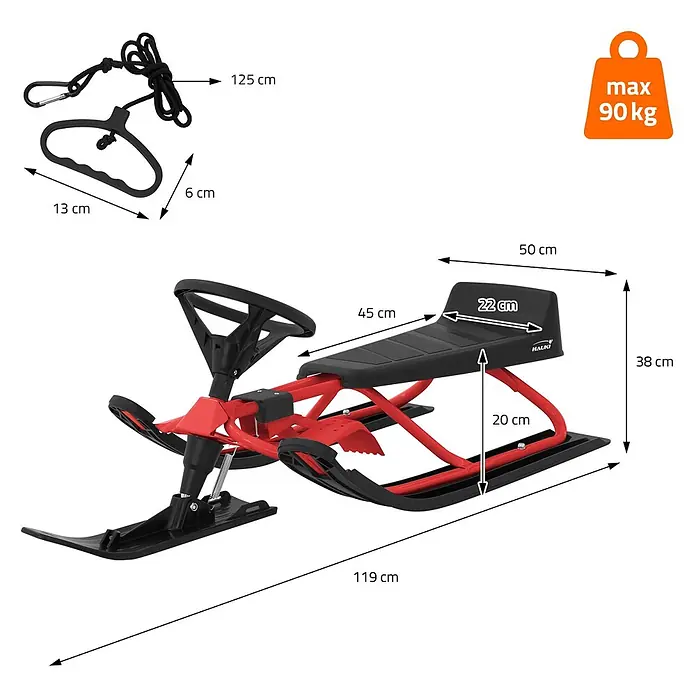 Lenkschlitten für Kinder Rot 119 x 38 x 50 cm Stahlrahmen bis 90 kg -  - Rot-schwarzer Lenkschlitten mit Lenkrad, Sitz, Skiern und Zugseil, belastbar bis 90 kg.