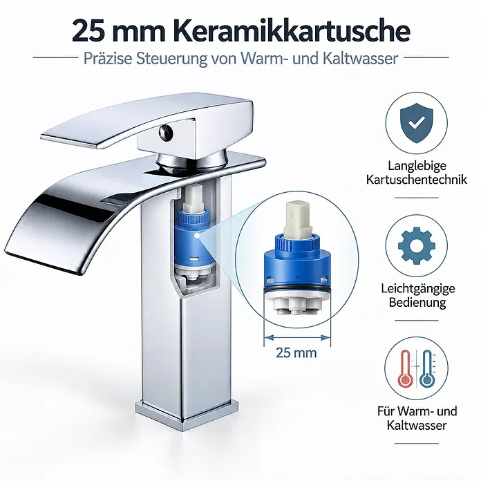 SONNENH Waschtischarmatur - Silber - Chromarmatur mit Schnittansicht einer 25mm Keramikkartusche zur präzisen Warm- und Kaltwassersteuerung.