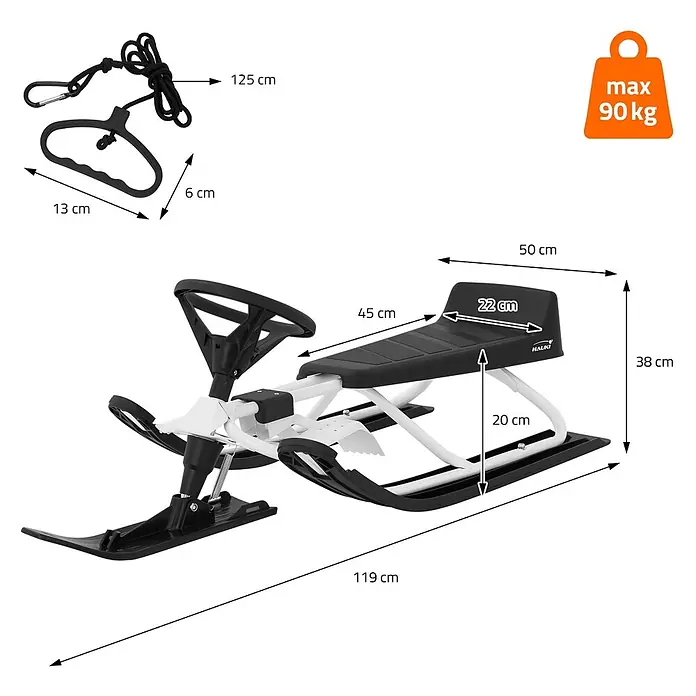 Lenkschlitten für Kinder Weiß 119 x 38 x 50 cm Stahlrahmen bis 90 kg -  - Schwarz-weißer Rodelschlitten mit Lenkrad und drei Kufen, inklusive Zugseil. Max. Belastung 90 kg.