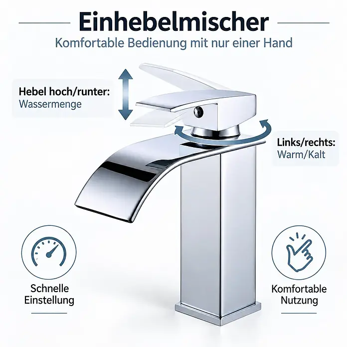 SONNENH Waschtischarmatur - Silber - Verchromter Einhebelmischer mit intuitiver Steuerung für Wassermenge und Temperatur.