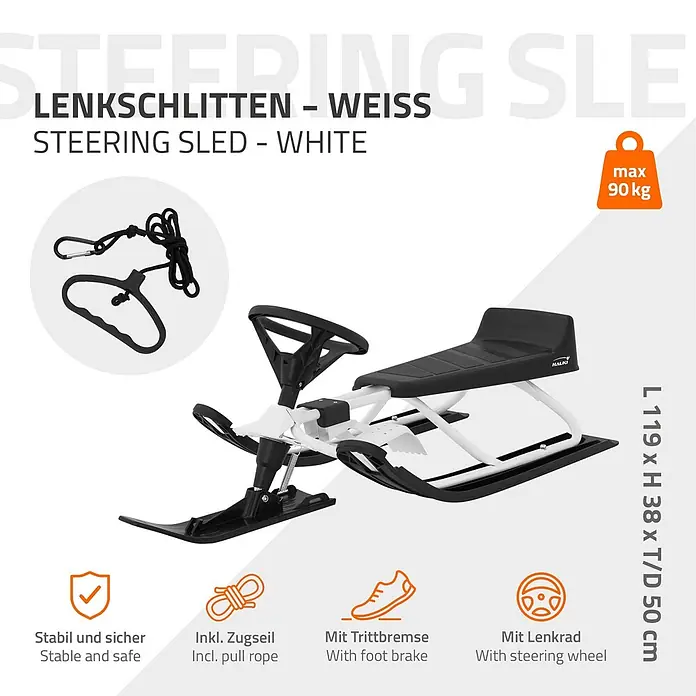 Lenkschlitten für Kinder Weiß 119 x 38 x 50 cm Stahlrahmen bis 90 kg -  - Weißer Lenkschlitten mit schwarzem Sitz, Lenkrad, Fußbremse und Zugseil.