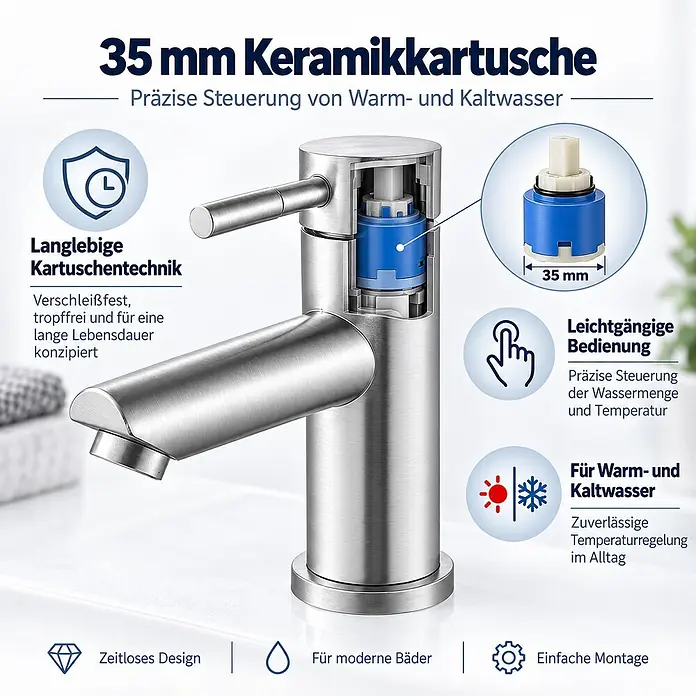 SONNENH Waschtischarmatur - Silber - Moderner Einhebelmischer aus gebürstetem Metall mit 35mm Keramikkartusche zur präzisen Warm- und Kaltwassersteuerung.